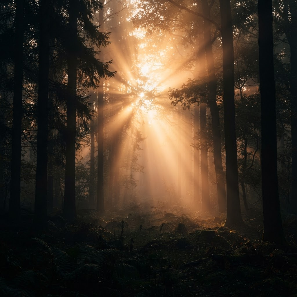 Golden morning sun-rays streaming powerfully through a misty forest