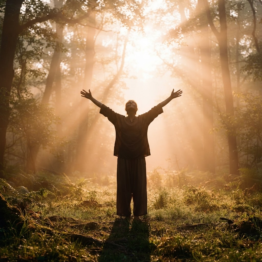 A person standing with arms lifted in joy, backlit by golden sun-rays breaking through misty forest